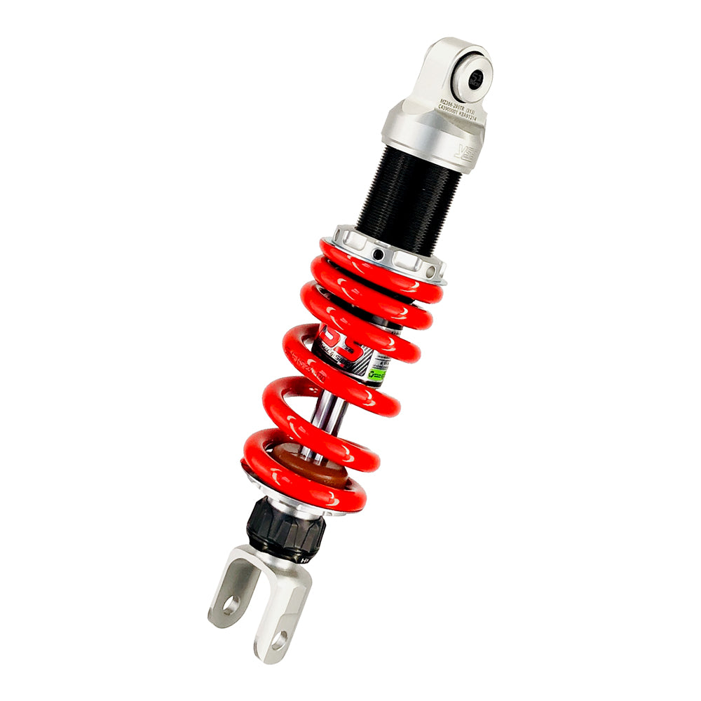 Motorcycle shock absorber with red spring on a white background
