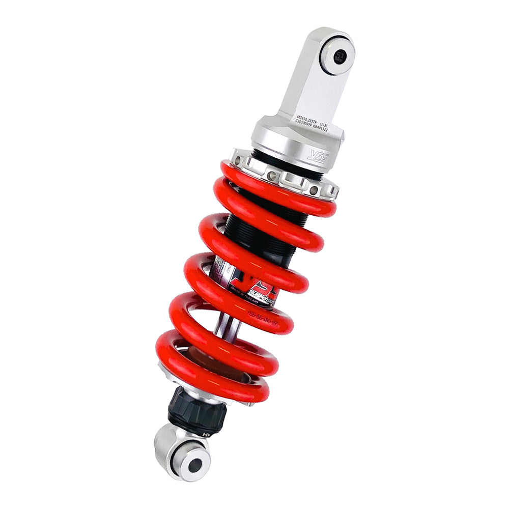 Motorcycle shock absorber with red coil spring on a white background