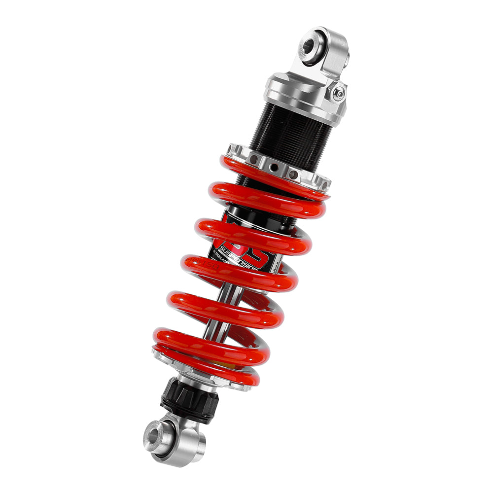 Motorcycle shock absorber with red coils on a white background