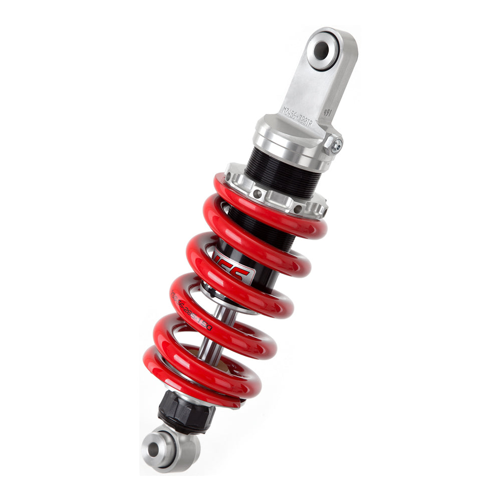 Motorcycle shock absorber with red coil spring on a white background