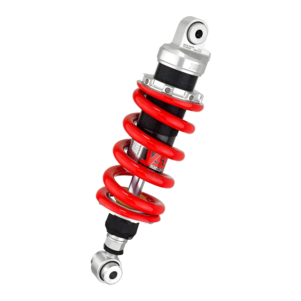 Motorcycle shock absorber with red spring on a white background