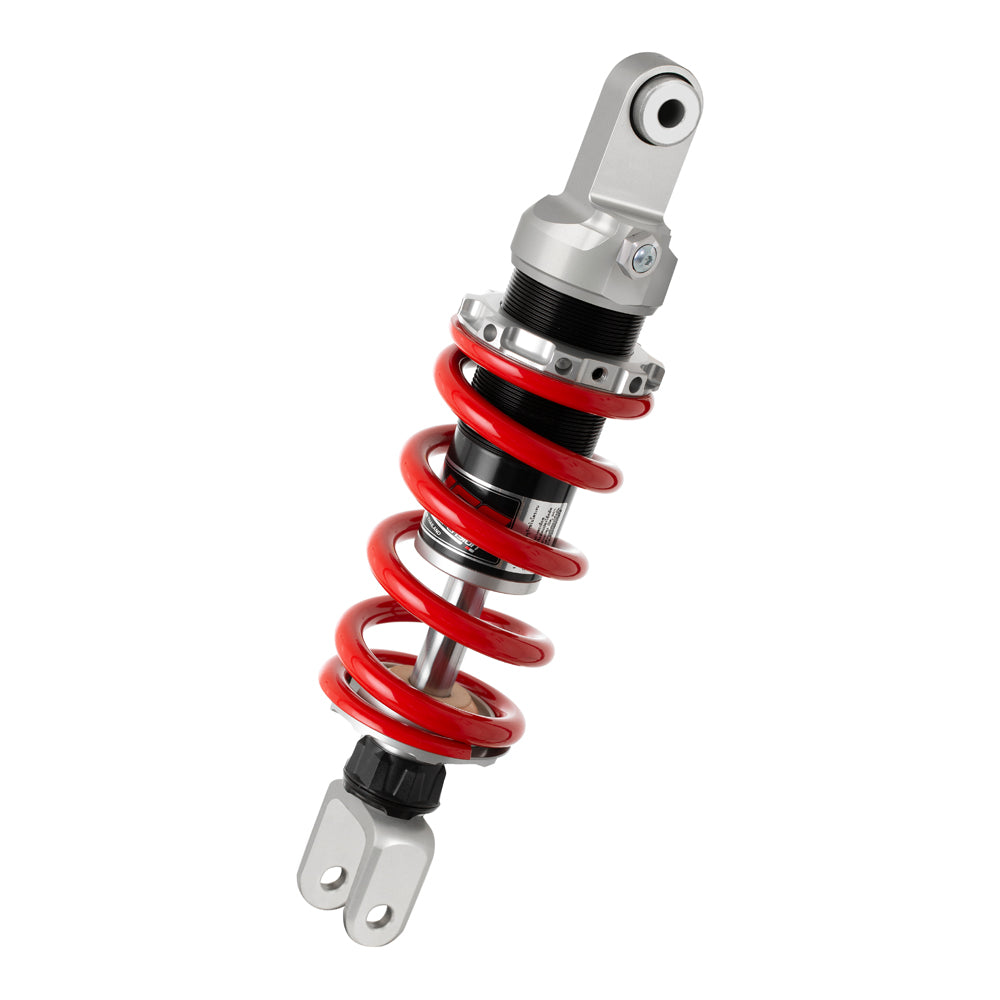 Motorcycle shock absorber with red spring on a white background