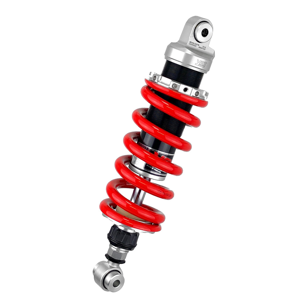 Motorcycle shock absorber with red springs on a white background