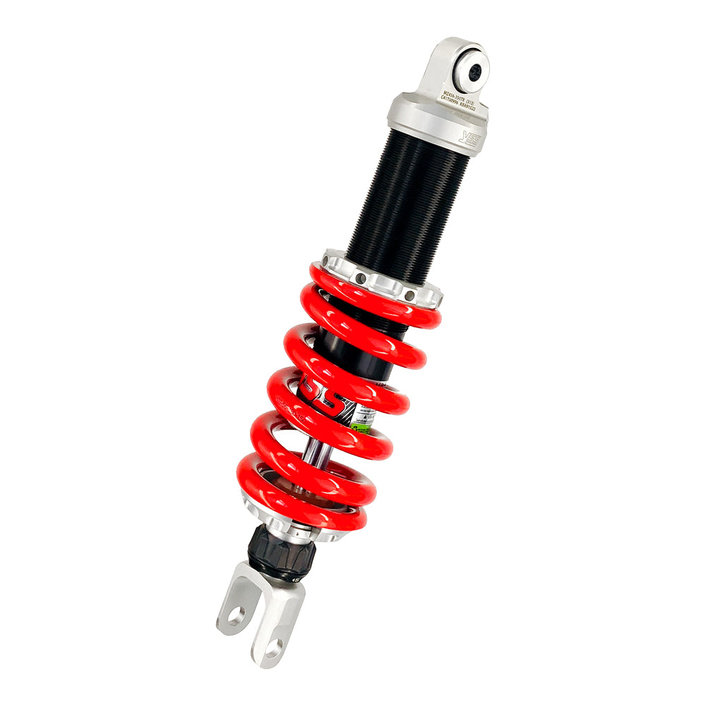 Motorcycle shock absorber with red coil spring on a white background