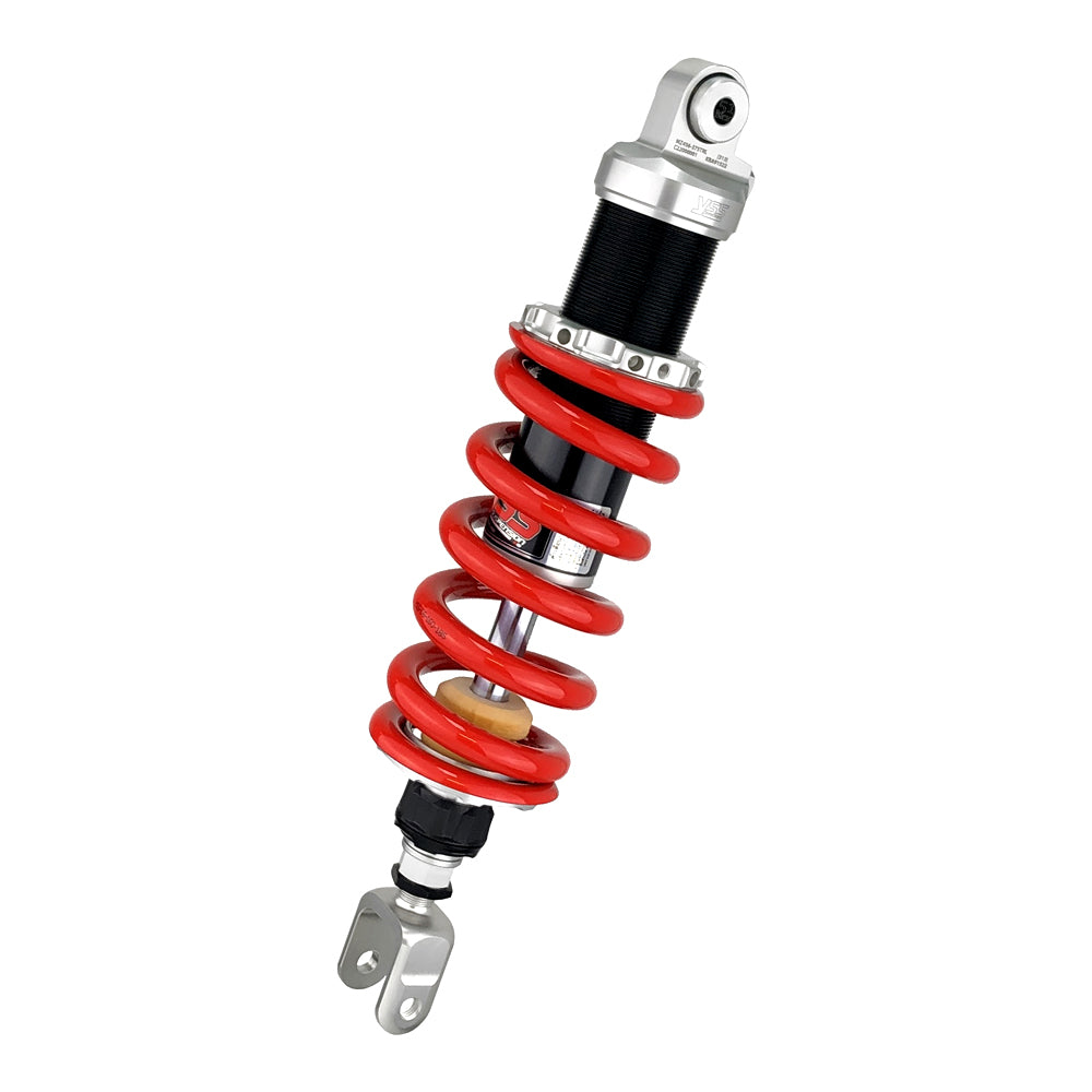 Motorcycle shock absorber with red spring on a white background