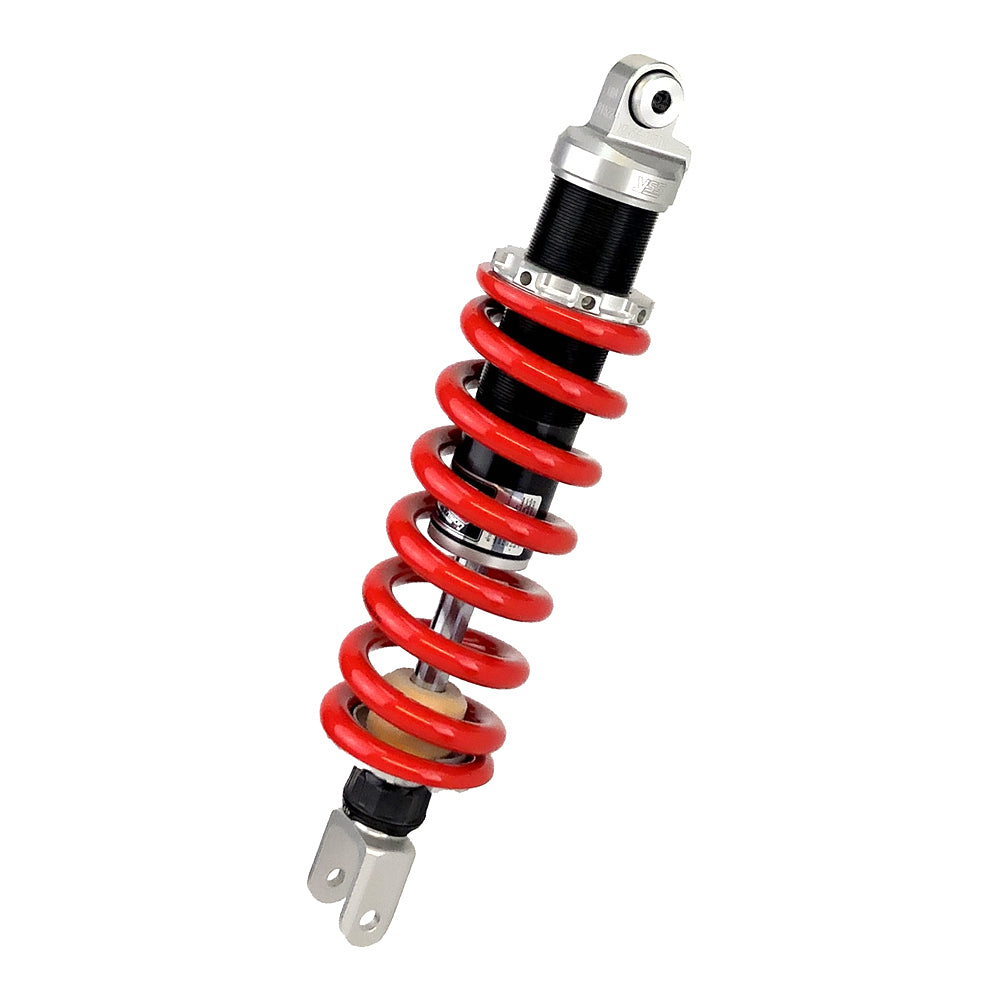 Motorcycle shock absorber with red coil spring on a white background