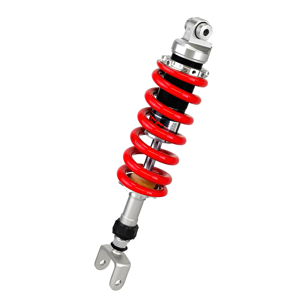 Motorcycle shock absorber with red spring on a white background