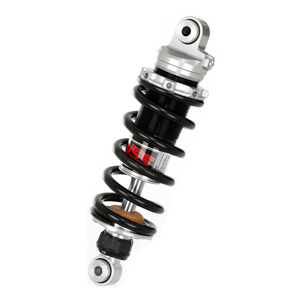 Motorcycle shock absorber with YSS branding on a white background